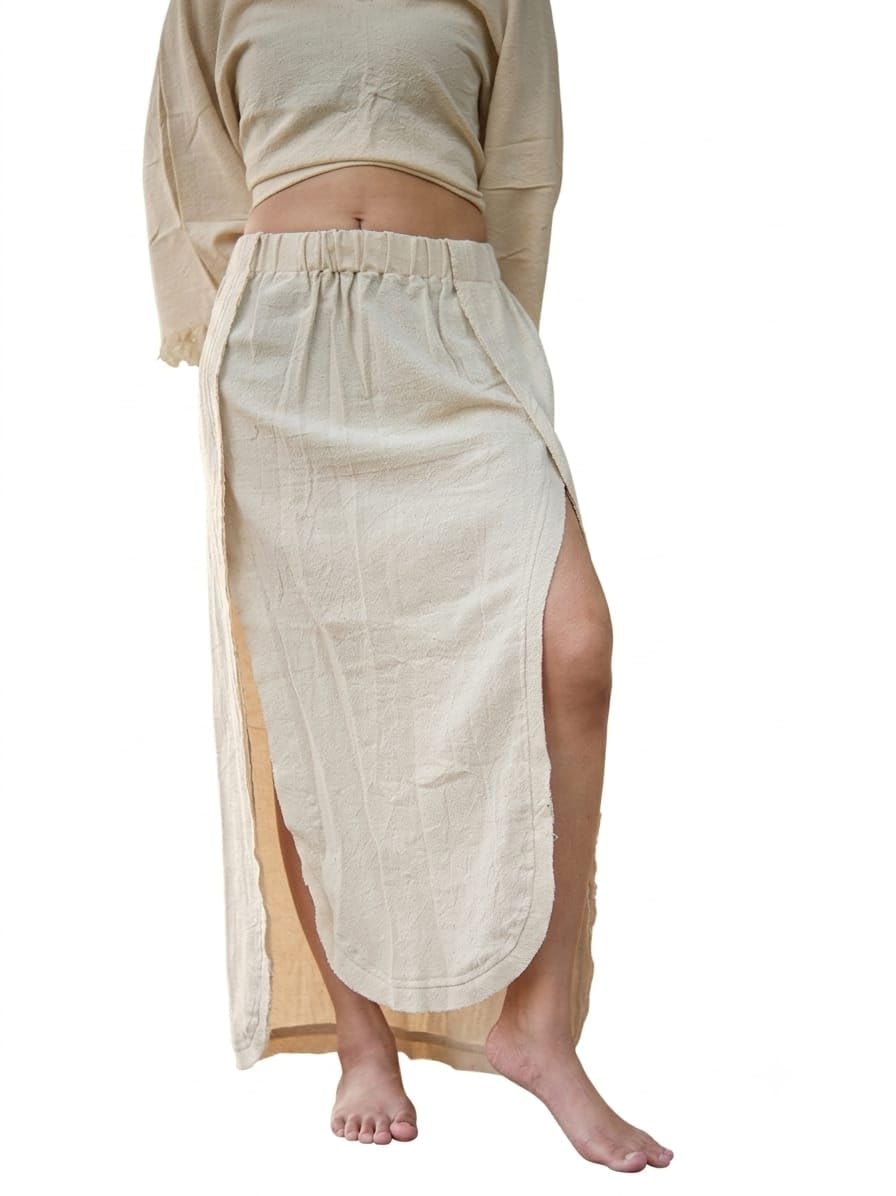 Niva Khadi Cotton Boho Maxi Skirt for Women | High Waist Elastic Waistband | Side Slit Festival Beach Hippie Yoga Travel Casual Long Skirt | Handmade Artisan Clothing-image-33