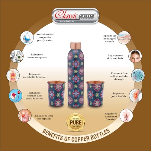 Image of Classic Steels Elegant Ethnic Green Copper Water Bottle Set with 2 Glasses - 1L Capacity | Best Gift For Diwali, Wedding Anniversary And All Other Occasions. (Blue Ethnic Copper Bottle Set)
