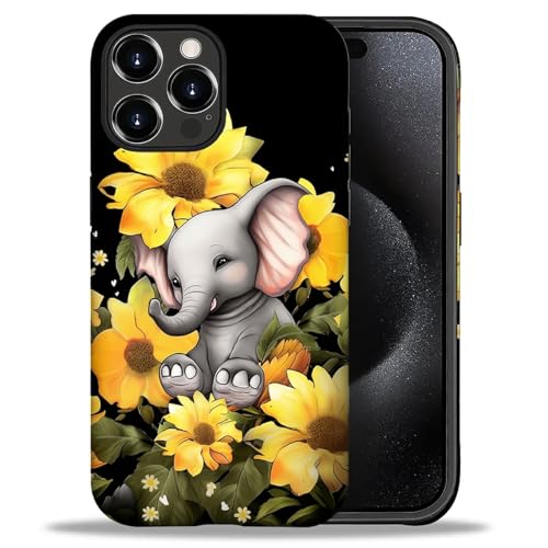yicomon Compatible with iPhone 16 Pro Max Case, Elephant Sunflower Pattern Print Matte Phone Case Durable Fashion Funny Liquid Silicone Case Soft Anti-Scratch Shockproof Protective Cover