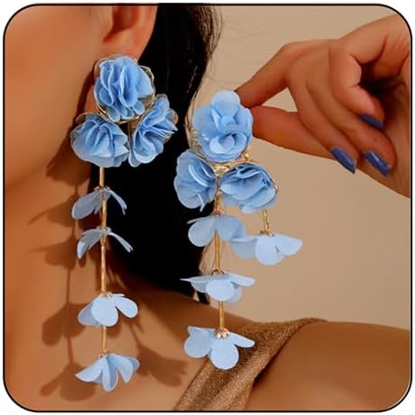 Bohemia Fabric Flower Earrings,Long Tassel Earring Fashion Floral Stud Exaggerated Statement Y2K Aesthetics Summer Beach Earring Jewelry for Women