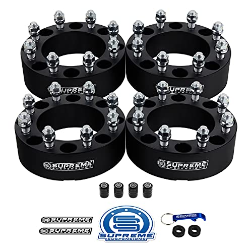 Supreme Suspensions - 2" Wheel Spacers Kit for 2005-2022 Ford F-250 / F-350 Super Duty 2WD 4WD - BP: 8x170mm / CB: 125mm / Studs: M14x1.5 [4pc Black Pack] - 4 Tire Valve Caps Included