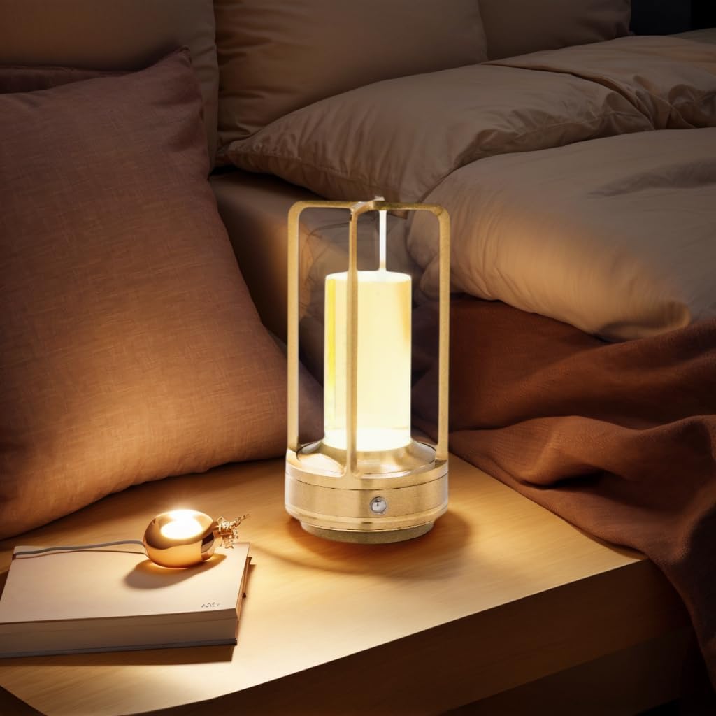 Portable LED Desk Lamp, Cordless Rechargeable Metal Table Light with 3 Color Stepless Dimming, for Indoor & Outdoor (Gold)