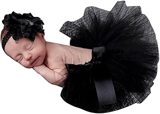 Newborn Layered Bowknot Waistband Tutu Skirt +Flower Headband Set,Outfit Soft Fluffy Ballet Dresses Skirt Black S