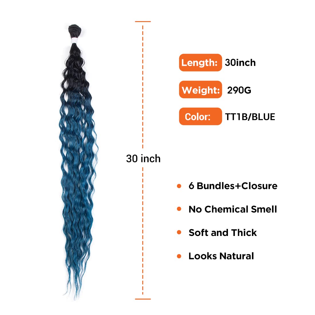 NOBLE STAR Mode Schwarz Blau Bündel mit Verschluss Kunsthaar Wasserwelle 6 Bündel mit Verschluss 30 Zoll 7 Stück/Packung Hochtemperatur-hitzebeständiges Haar