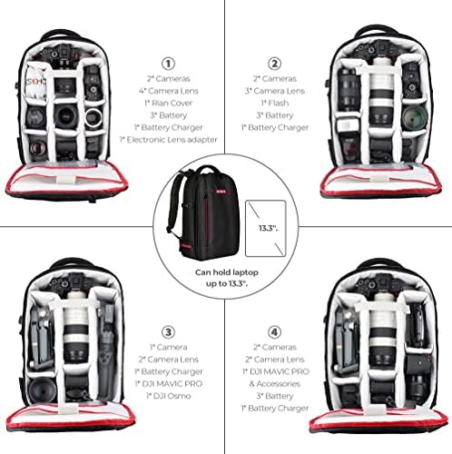 Beschoi Camera Backpack, Waterproof Anti-Shock Camera Bag with Tripod Strap, Large Capacity for for Canon Nikon Sony DSLR Camera, Speedlite Flash, Tripod, Camera Lens, Size 17.3" x 11" x 5.5", Black