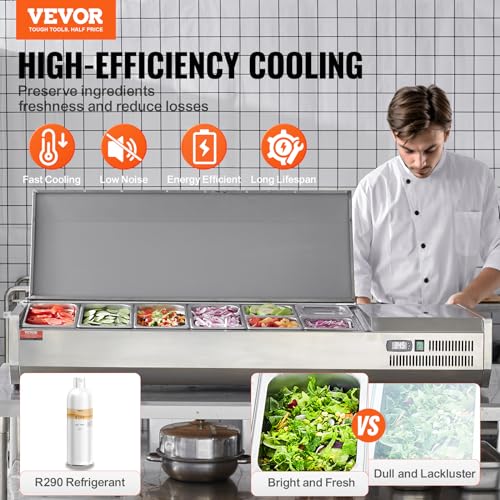 VEVOR Gekühlte Gewürzstation für die Arbeitsplatte, Zubereitungsstation mit 4 x 1/3 Pfanne & 4 x 1/6 Pfannen, Korpus aus Edelstahl 304 und Deckel aus PC, Sandwich-Zubereitungstisch mit Edelstahlschutz