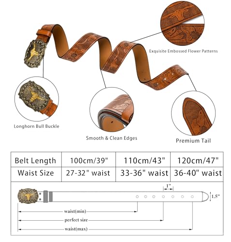 Western Cowboy Cowgirl Leather Belt - Embossed Longhorn Bull Buckle Belt for Men Women Jeans Fit 25"-38" Waist4