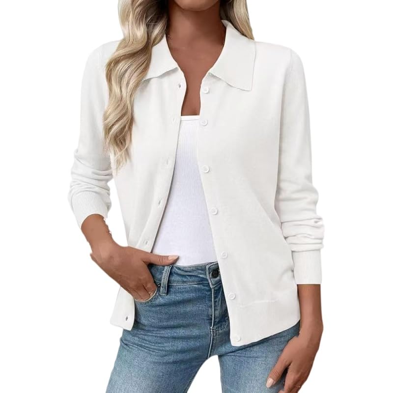 Chaqueta mujer de punto suave que no pica con botones cuello polo blanco