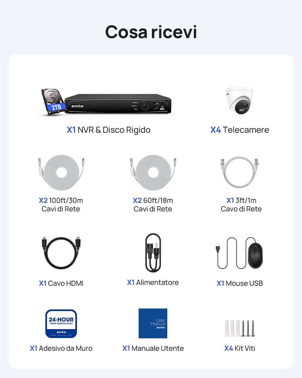 ANNKE Sistema Videosorveglianza PoE 12MP con NVR 8CH HDD 2TB | 4 Telecamere IP da Esterno, Rilevamento Intelligente di Persone e Veicoli, Visione Notturna IR fino a 30 m, IP67, 24/7