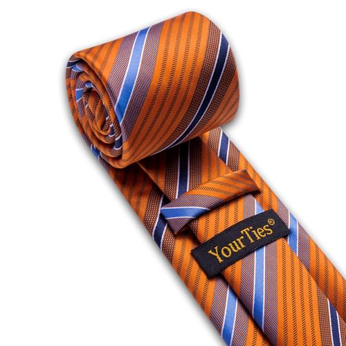 Image of YourTies Orange Ties for Men Striped Tie Woven Silk Necktie Handkerchief Cufflinks Set Formal Business Party Wedding