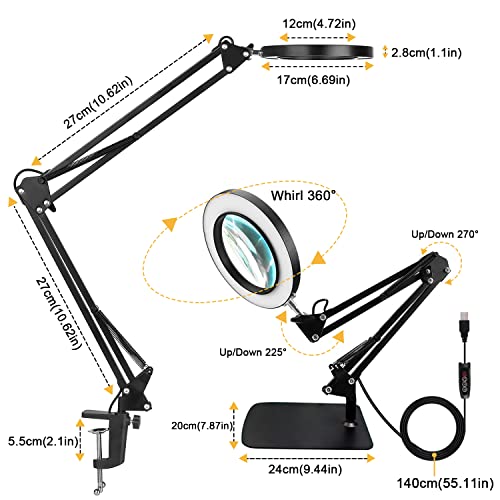 Magnifying Glass With Light And Stand, Hanbaak 10X Magnifying Lamp With Clamp, 3 Color Modes Stepless Dimmable Desk Lamp, 2-In-1 Adjustable Swing Arm Lighted Magnifier Lamp For Reading, Craft #TOP1