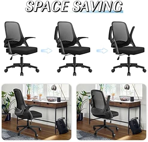 Devoko Ergonomic Office Chair Desk Chair with 90° Flip-up Armrest Ergonomic Task Computer Chair 120° Compact, 360° Swivel Rotation Seat Surface Lift Reinforced Nylon Resin Base, Black