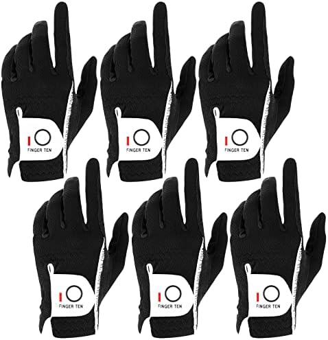 FINGER TEN 2017 Mens Rain Grip Hot Wet Weather Comfort Extra Value Large Black Left Hand LH and Right Hand RH Durable Golf Gloves Value 6 Pack (26=Large Black)