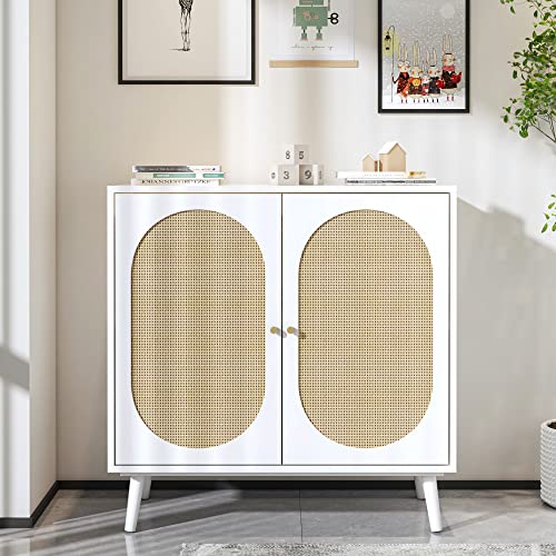 Pvillez Modern Storage Cabinet With Natural Rattan Doors, Sideboard Buffet Cabinet With Storage, Adjustable Shelves, Rattan Cabinet Console Table For Living Room, Dining Room, Entryway, White #TOP5