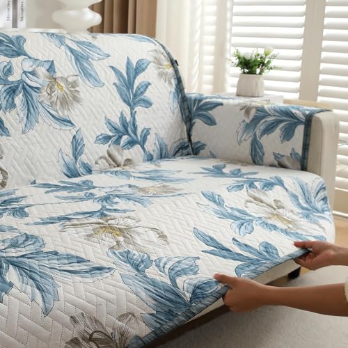 Image of Printed Quilted Sofa Mat for 5 Seater (3+1+1) - Floral Design Slipcover with Armrest, Pockets on Both Sides, Fully Covered Sofa Protector - Blue