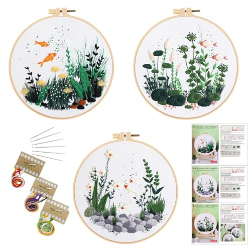 Image of GLTAYLMY Fish Embroidery Kit for Beginners Adults,3 Set Cross Stitch Kits with 1 Plastic Embroidery Hoops,Needles and Color Threads,Needlepoint Kit for Hand Embroidery Starter