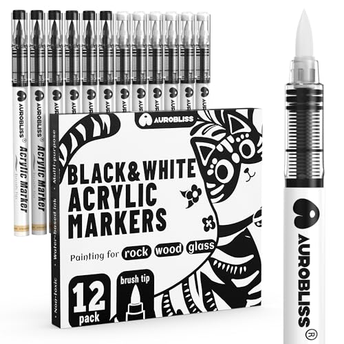Lot de 12 marqueurs acryliques noirs et blancs à pointe pinceau flexible pour roche, céramique, verre, bois, peinture sur tissu