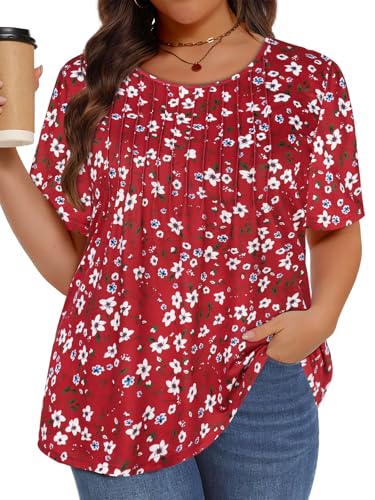 Image of Plus Size Tops for Women Pleated Summer Top Trendy Short Sleeve Shirts Casual Basic Tee Crew Neck Blouses 2026