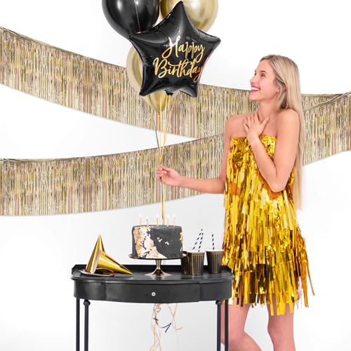 Image of 5 Pack 10 Feet Champagne Gold Fringe Garland Foil Fringe Garland Parade Float Fringe Metallic Streamers Tinsel Fringe Banner for Birthday Party Decor Halloween Christmas Decoration (Champagne Gold)