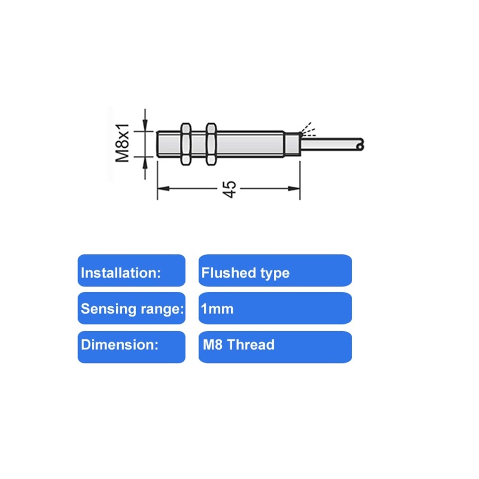 Diámetro 6,5 mm, sensor capacitivo pequeño con rosca M8, rango máximo de 4 mm, 3 cables | M8 Flushed 1mm,PNP.N.O.