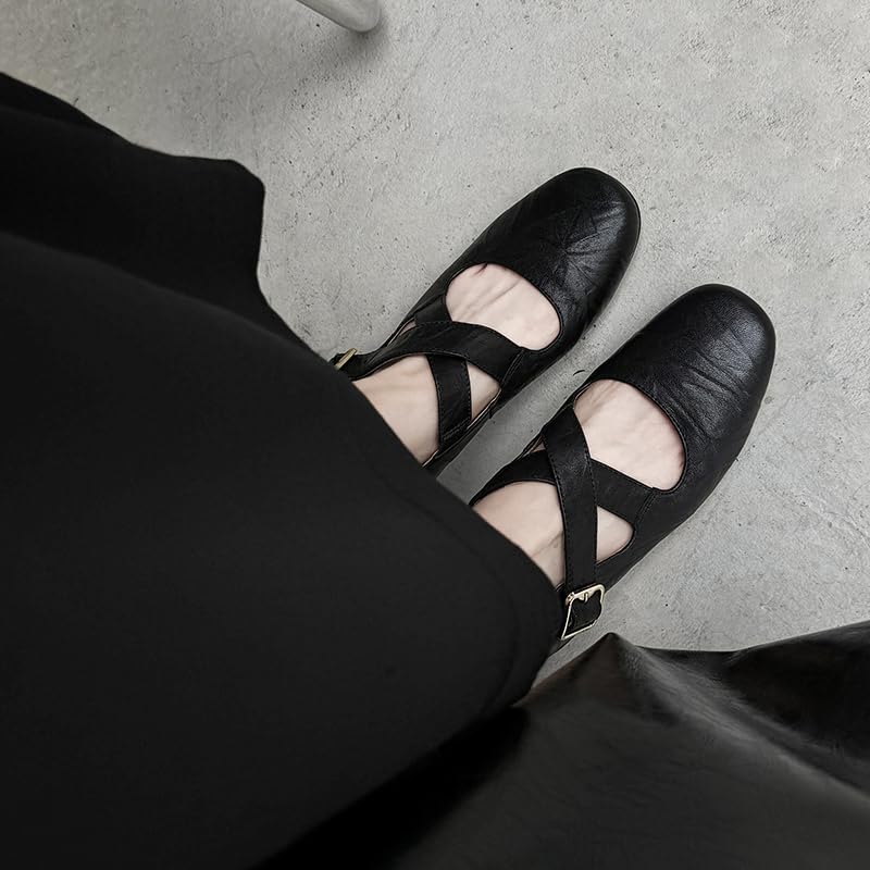 Women's Ballet Flats Chunky Heels Round Toe Cross Strap Mid Block Heel Pumps with Buckle Comfortable Shoes3