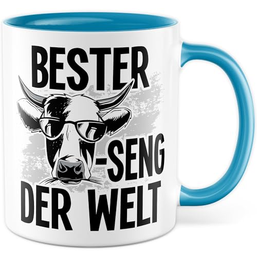 Cousin Tasse mit Spruch, Geschenk Bester COW-seng der Welt - Kaffeetasse aus Keramik 330ml - Cousin Familie Cousins Freunde Verwandte Verwandschaft Geschenkidee (Weiß/Blau)
