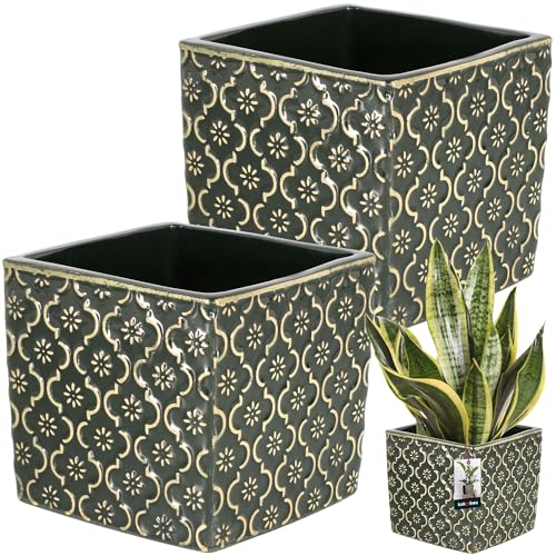 KOTARBAU® Vaso da fiori in ceramica, quadrato, vintage, verde scuro, 13 x 13 cm, altezza: 13 cm, in ceramica smaltata, 2 pezzi, quadrato, per interni