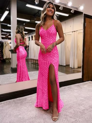 Women Mermaid Sequin Prom Dresses for Women Sparkly V Neck Formal Evening Dress with Slit4