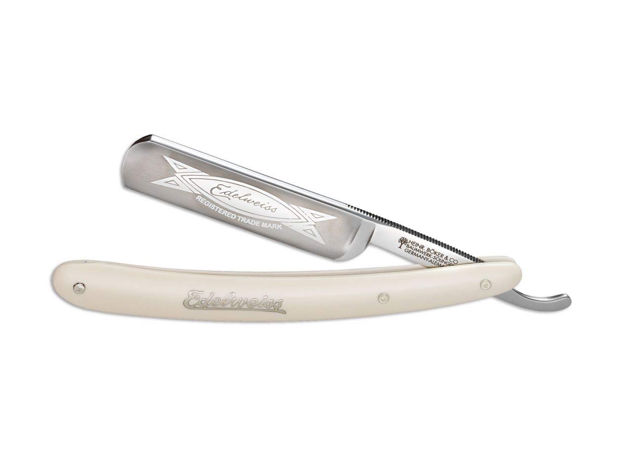 Navaja afeitar barbero alemana BÖKER EDELWEISS 5/8" con hoja de acero carbono de 8 cm y Elforyn perla de 16 cm. Fabricada artesanalmente en Sollingen 140720 profesional afeitado barba