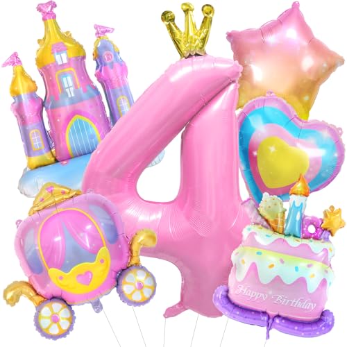 6PCS Princess Birthday Balloons Large Pink Castle Balloon Carriage Balloon Crown Heart Star Cake Foil Balloons for 4th Princess Birthday Girl Party Decorations Supplies Baby Shower Favors