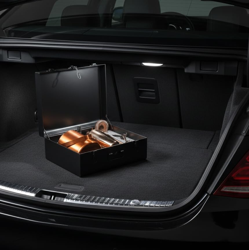 Image of Car-O-Bar Bar Set with Bar Trunk | Bar Setup for Home : Cocktail Shaker, Bar Spoon, Jigger, Muddler, Strainer, Wine & Beer Bottle Opener, Ice Bucket & Tong, Bar Trunk