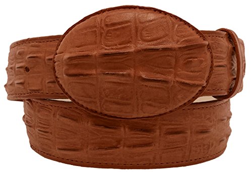 El Presidente Mens Cognac Cowboy Belt Crocodile Tail Print Leather Belt Round Buckle