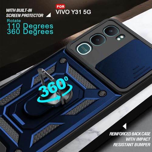 Image of Luxe Back Cover Compatible for Vivo Y31 | D10 Tough Armor Case | Sliding Camera Shield | 360 Protection | Kickstand Ring Holder | Military-Grade Bumper Case - Blue