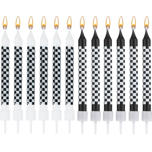 12 Pièces de Bougies d'Anniversaire de Voitures de Course, Bougies d'Anniversaire à Carreaux noires et Blanches pour Fête d'Anniversaire de Voiture de...