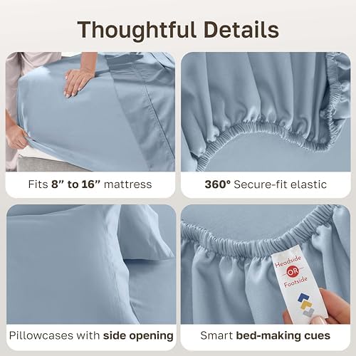 California Design Den Luxury Queen Size Sheet Set - 100% Cotton, 600 Thread Count Deep Pocket Queen Sheets, Hotel-Quality Bedding with Sateen Weave - Blue - 4