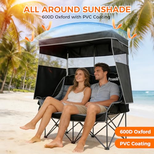 Silla doble para camping con toldo Pcuauld, plegable, para 2 personas, resistente y con portavasos miniatura 4