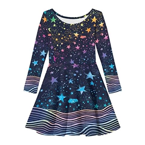 Allcute Girls Casual Long Sleeve Blue Sparkle Star Print Flowy Loose Fit Flare Swing Skater Dress for Little Girls 9-10 Kids Cute A Line T Shirt Dress Dance Party Midi Princess Dress Cover