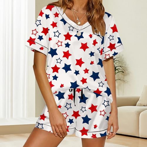 Image of Women Hearts Pajama Sets Satin Short-Sleeve Top and Shorts Set 2 Piece Loungewear Sleepwear