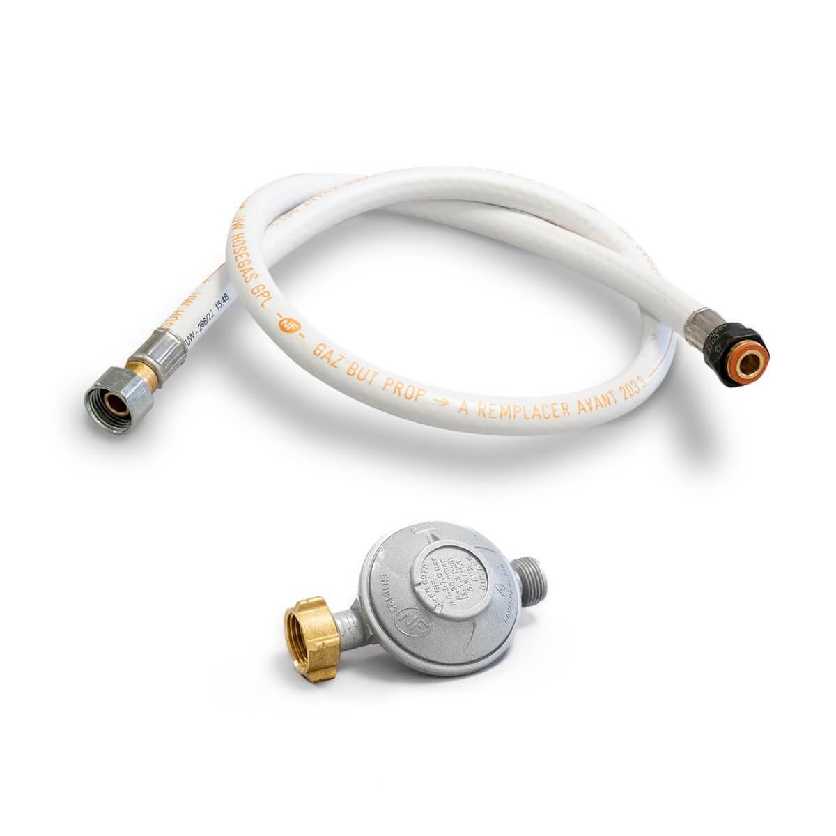KEMPER - Kit Gaz Butane Complet : Détendeur 28 mbar avec Limiteur de Débit Intégré et Tuyau Flexible 1m à Visser NF, pour Bouteille 13kg, Gazinière et Réchaud Intérieur