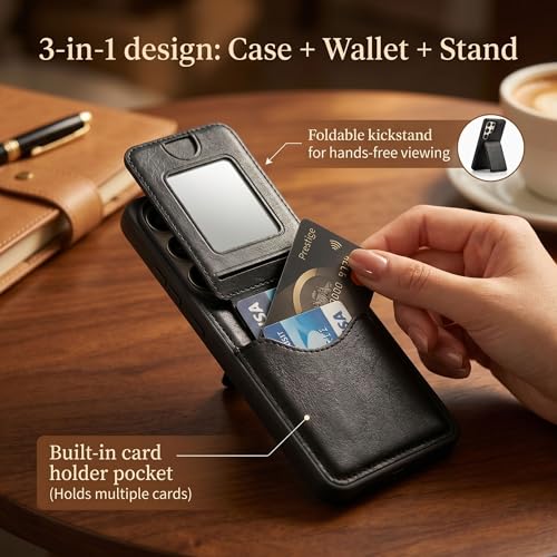 Image of amazon basics Premium Vegan Leather Back Cover with Card Holder and Integrated Mobile Stand for Samsung Galaxy S26 Ultra 5G - Slim Shockproof Wallet Case with Geometric Stitching [Black]