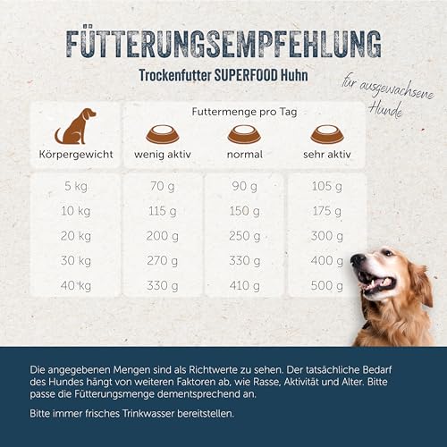 Lakefields SUPERFOOD | Premium Hundefutter trocken | 61% Huhn | 1kg | Getreidefreies Trockenfutter für ausgewachsene Hunde | Mit Fenchelsamen, Heidelbeeren & Seealge | Von Tierärzten entwickelt