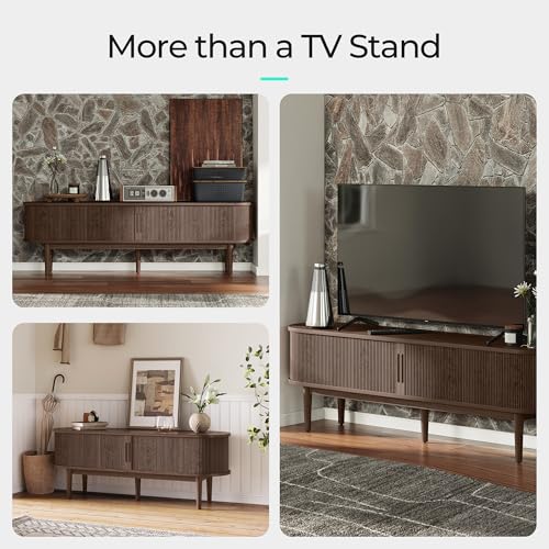 LINSY HOME 58\" Fluted TV Stand for TVs up to 65 Inch, Mid Century Modern Entertainment Center with Storage Cabinet and Sliding Doors, Farmhouse Wood Media TV Console for Living Room, Bedroom, Walnut - Thumbnail 4