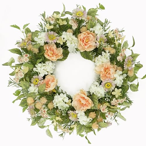 AMF0RESJ Artificial Spring Summer Wreaths for Front Door Daisy Wreath with Daisy,Hydrangea,Peony Flower for Indoor Outdoor Farmhouse Home Porch Wall Window Festival Wedding Decor