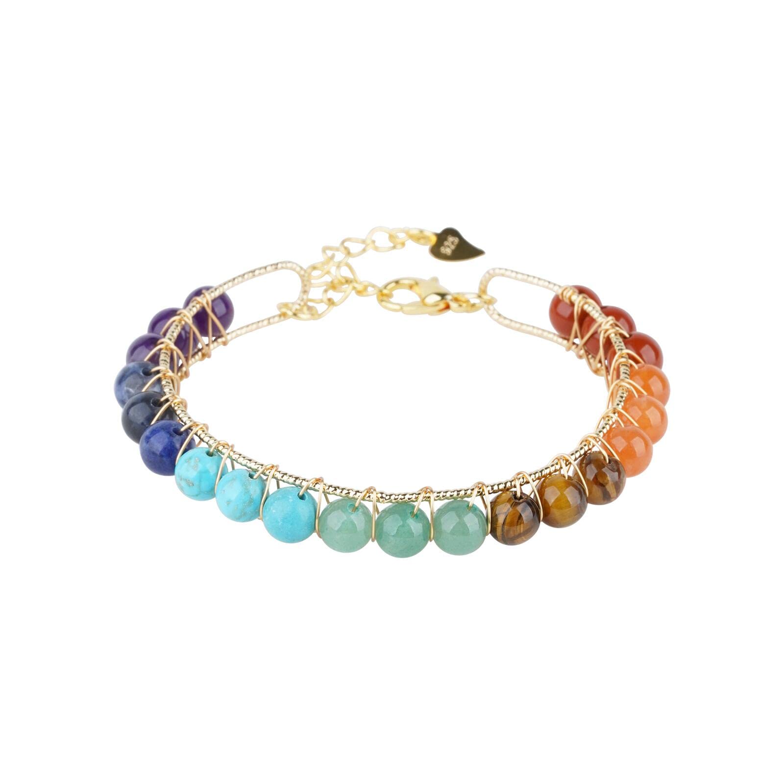 ASGIFT7 Chakra Bracelet for Women Girls Healing Crystal Stone Bead Adjustable Yoga Meditation 14K Gold Crystal Beaded Bracelet Jewelry