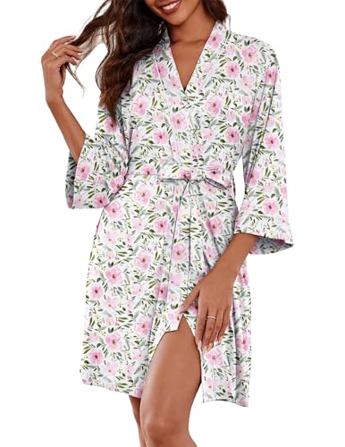 Image of Ekouaer Women Kimono Robes Knee Length Knit Bathrobe Lightweight Soft Sleepwear V-neck Casual Ladies Loungewear