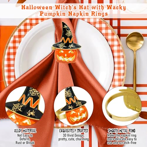 Image of Legigo Set of 12 Halloween Napkin Rings for Dinning Table Settings- Horror Scary Orange Pumpkin Black Witch Hat Napkin Holder Ring for Holiday Party Kitchen Dinner Table Decarations