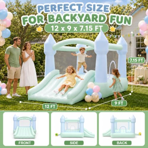 Image of AKSPORT White Bounce House for Kids, Inflatable Bounce House with Slide