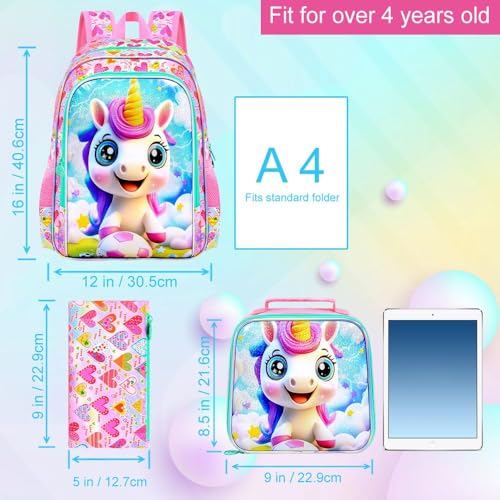 Image of 3Pcs Unicorn Backpack for Girls, 16 inch Soccer School Bookbag Set with Lunch Box,Kids Backpacks for Elementary Preschool Kindergarten (Pink)