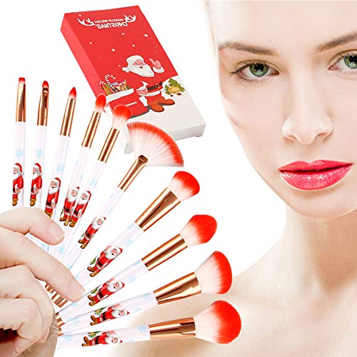 Christmas Makeup Brush Set, 10Pcs Premium Synthetic Kabuki Professional Foundation Blending Blush Eyeshadow Face Powder Cosmetic Brush Kit, Red
