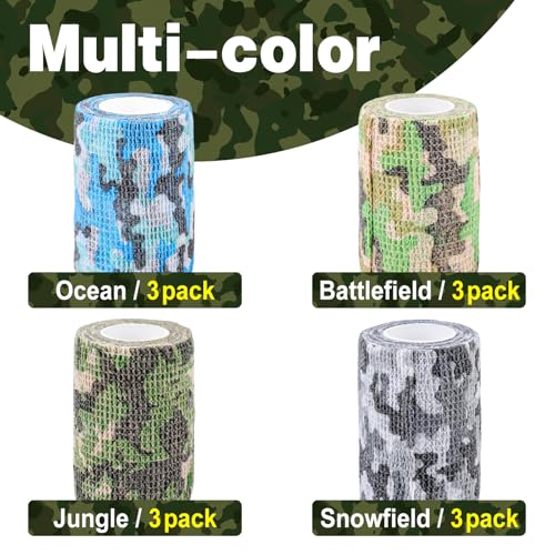 Image of AZEN 12 Pack Camo Self Adhesive Bandage Wrap, 3 inch X 5 Yards Elastic Cohesive Bandage Wrap, Athletic Tape, Tattoo Tape Wrap, Vet Wrap, Ankle Tape (Camo)